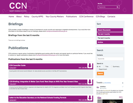 County Councils Network - Brioefings section with downloads filtering