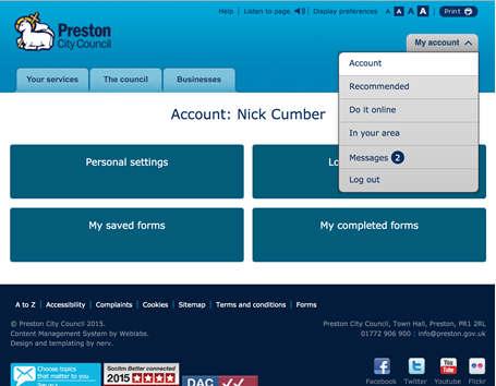 Preston's portal dashboard profile page where users can make changes to thier profile and quickly update the concil with a change of circumstance.