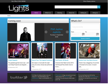 The Lights theatre in Andover. Home page with latest events, carousel of prime events and facebook API integration.