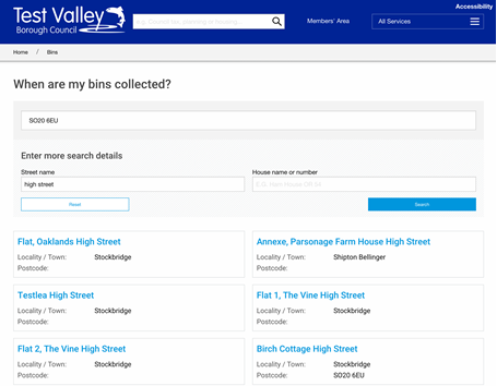 Test Valley District Council waste collection search