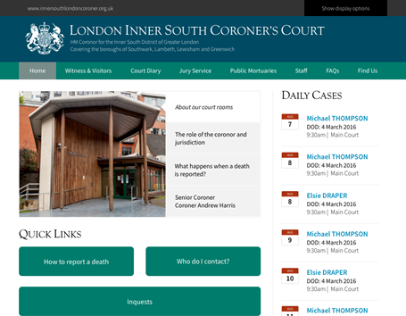 London Inner South Coroner’s Court is a responsive website design. The home page includes a court diary summary and useful signposts for citizens.