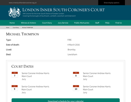 The court inquests and hearings are summarised in a clear and easy to use format. For users that want to sync their calendar a download is available that is compatible with all major calendar software.