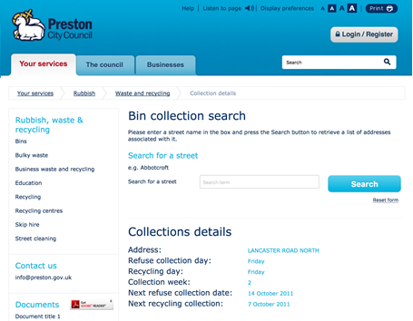 Citizens in Preston City can check the scheduled dates of refuse and recycling collections online using the weblabs bridge CMS.