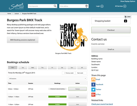 the southwark installation includes a flexible bookings module that has an elegant front end that is used for a range of leisure bookings inlcuding the hire of the BMX track facility in Burgess park.