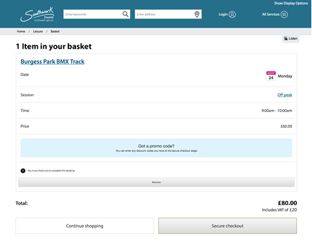 BMX booking added to basket