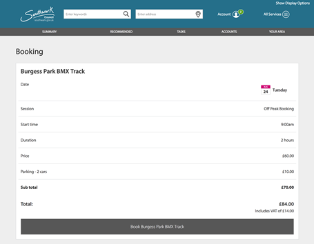 BMX booking confirmation os session allocation page for the registered user