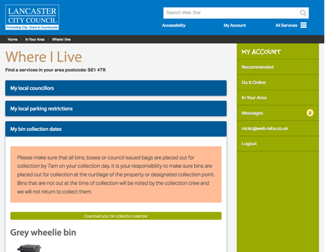 MyLancaster dashboard open with bin and recycling collection data available for the citizen