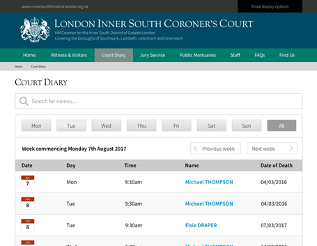 The court listings are updated regularly. It enables the coroner to server the public, the press and the police to view and search the inquest timetables.