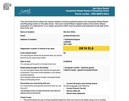 Southwark Council Resident RRC vehicle permit