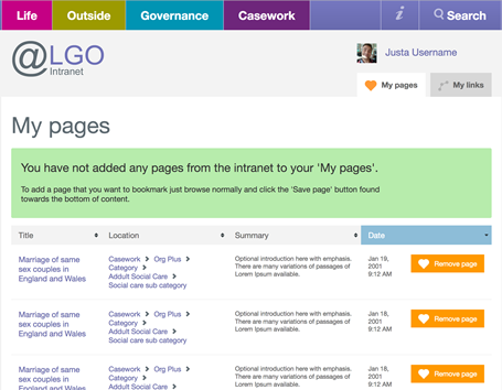 LGO intranet bookmarked pages