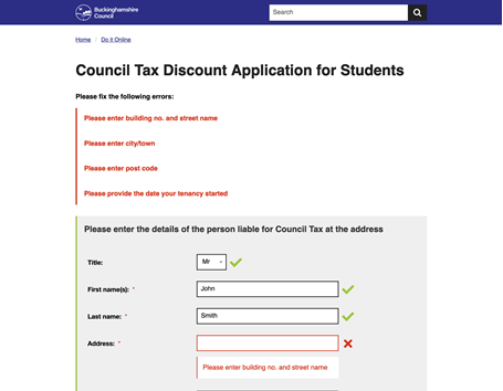 Council tax discount application for students. Form validation can be configured in various ways per form e.g. with icons or not.