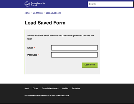 'Save an return' can be activated for forms that might require partial completion in several sittings so that the citizen can gather required files for attachment etc.