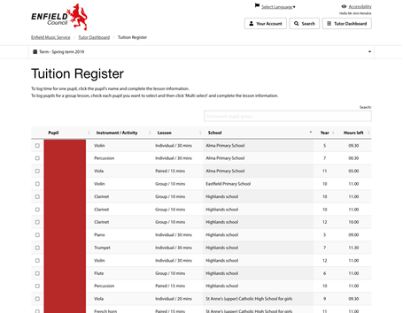 Enfield music service tuition register is used by music teachers in Enfield to manage their allocated pupils and output timesheets for invoicing