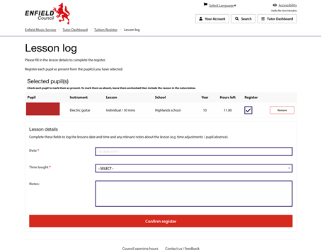 Enfield music service tuition lesson log enables teachers to manage thier lesson times