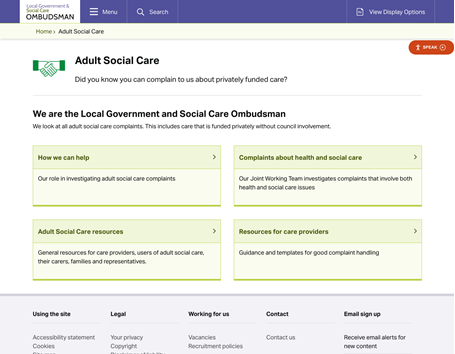 Local Government and Social Care Ombudsman service pages have different colour themes