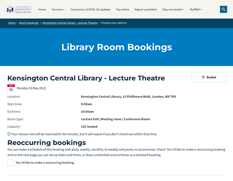 Royal borough of kensington chelsea room bookings - booking details view