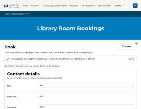 Royal borough of kensington chelsea room bookings - Contact details view