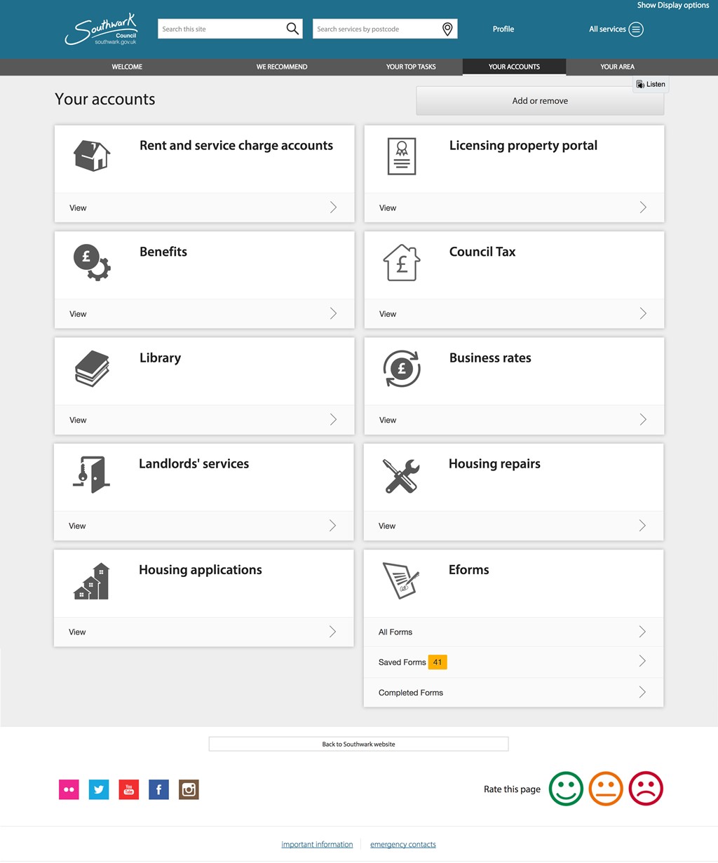 Southwark citizen portal dashboard - profile