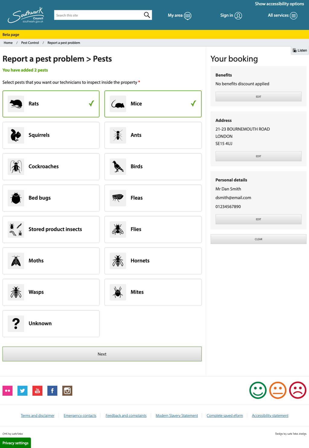 Southwark Pest Control Form